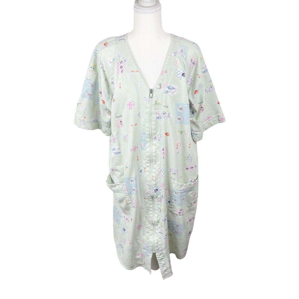 Vintage Anne Lewin Pure Cotton Sleep Dress Women Extra Large Green Zip Up